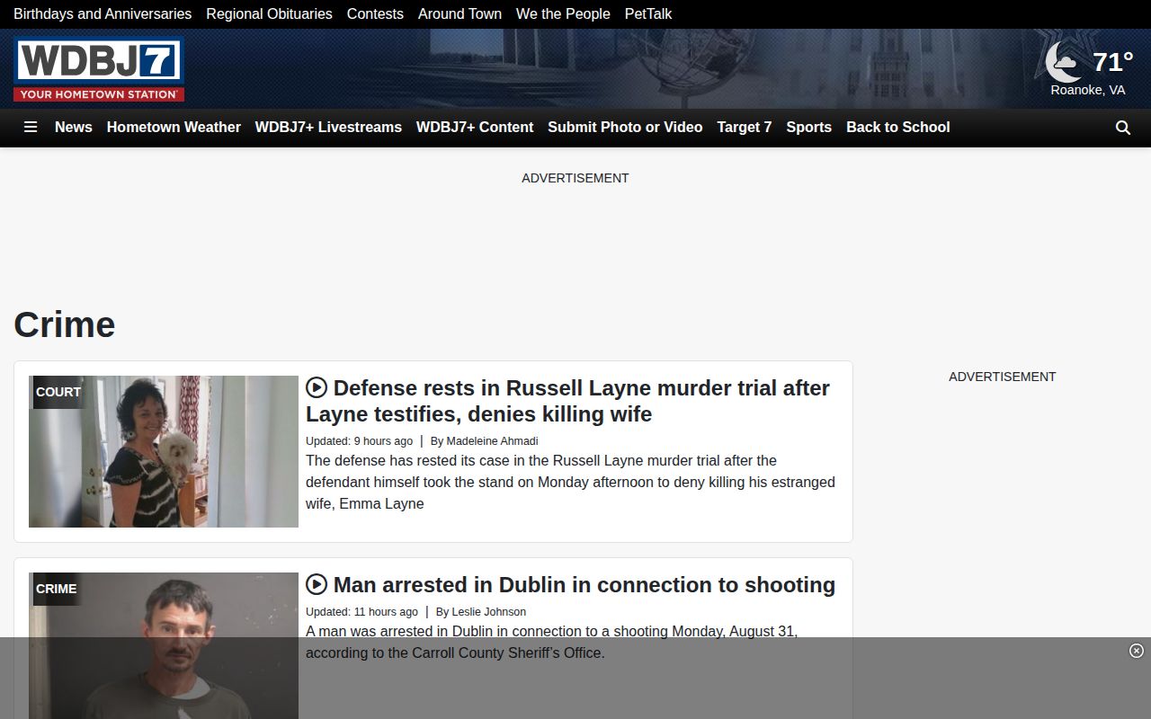 Roanoke City crime and mugshot records context on the WDBJ7 Crime news section
