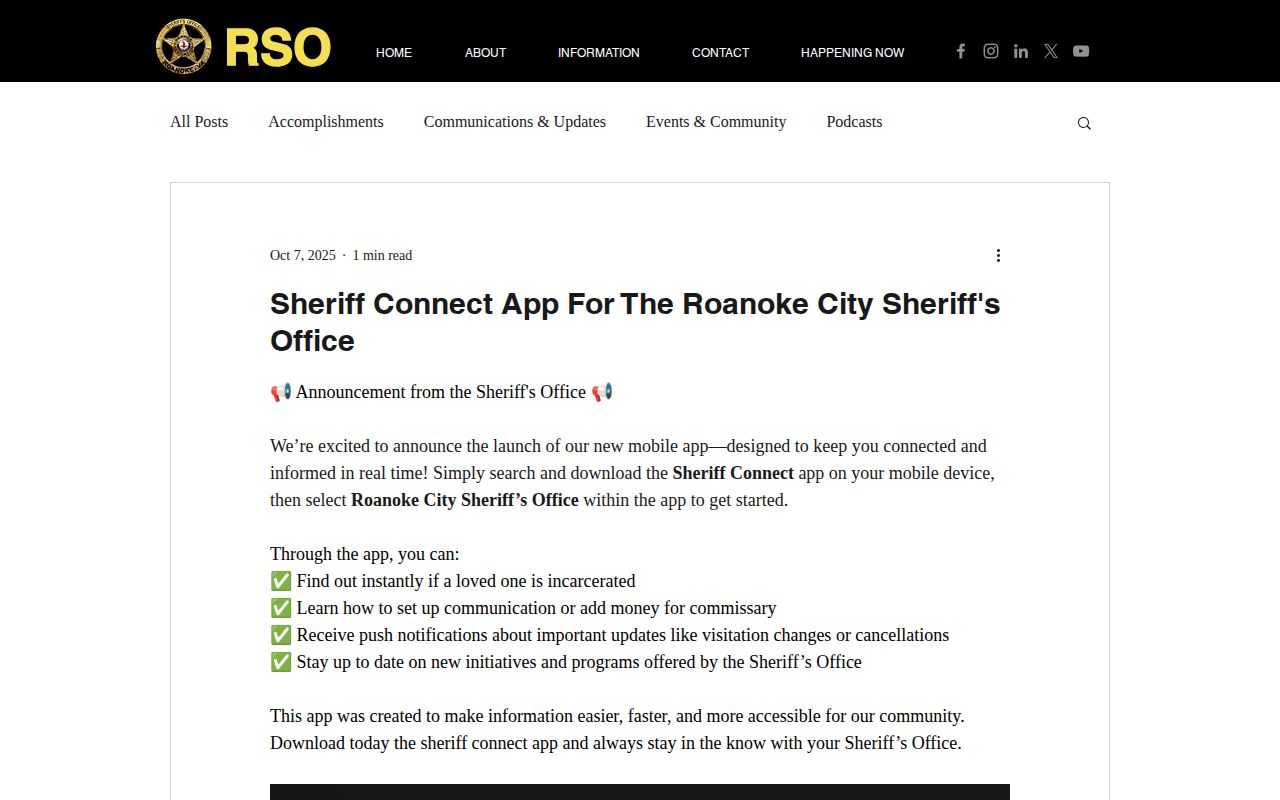 Roanoke City Sheriff Connect current custody records announcement