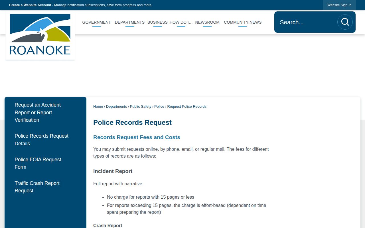 Roanoke City police records request for arrest and incident records